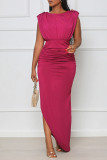 Blue Casual Solid Patchwork Slit Fold Asymmetrical O Neck Straight Dresses