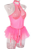 Fluorescent Pink Sexy Solid Hollowed Out Patchwork Flounce Valentines Day Lingerie