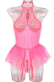 Fluorescent Pink Sexy Solid Hollowed Out Patchwork Flounce Valentines Day Lingerie