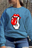 Blue Street Print Patchwork O Neck Tops