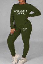 Army Green Casual Print Letter O Neck Plus Size Two Pieces