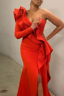 Red Elegant Solid Patchwork Flounce Asymmetrical Collar Evening Dress Dresses
