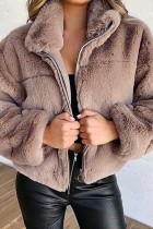 Khaki Casual Solid Patchwork Zipper Collar Outerwear