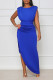 Blue Casual Solid Patchwork Slit Fold Asymmetrical O Neck Straight Dresses