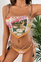 Multicolor Sexy Print Bandage Backless Swimwears (With Paddings)