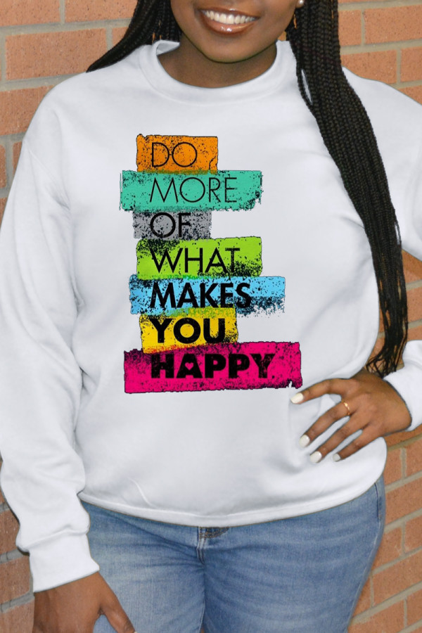 White Daily Print Patchwork Letter O Neck Tops