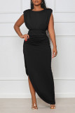 Blue Casual Solid Patchwork Slit Fold Asymmetrical O Neck Straight Dresses