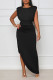 Black Casual Solid Patchwork Slit Fold Asymmetrical O Neck Straight Dresses