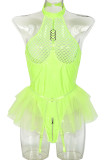 Fluorescent Green Sexy Solid Hollowed Out Patchwork Flounce Valentines Day Lingerie
