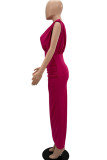 Blue Casual Solid Patchwork Slit Fold Asymmetrical O Neck Straight Dresses