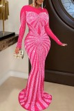 Rose Red Sexy Patchwork Hot Drilling See-through O Neck One Step Skirt Dresses