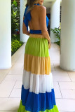 Multicolor Elegant Solid Patchwork Backless Fold Halter Straight Dresses