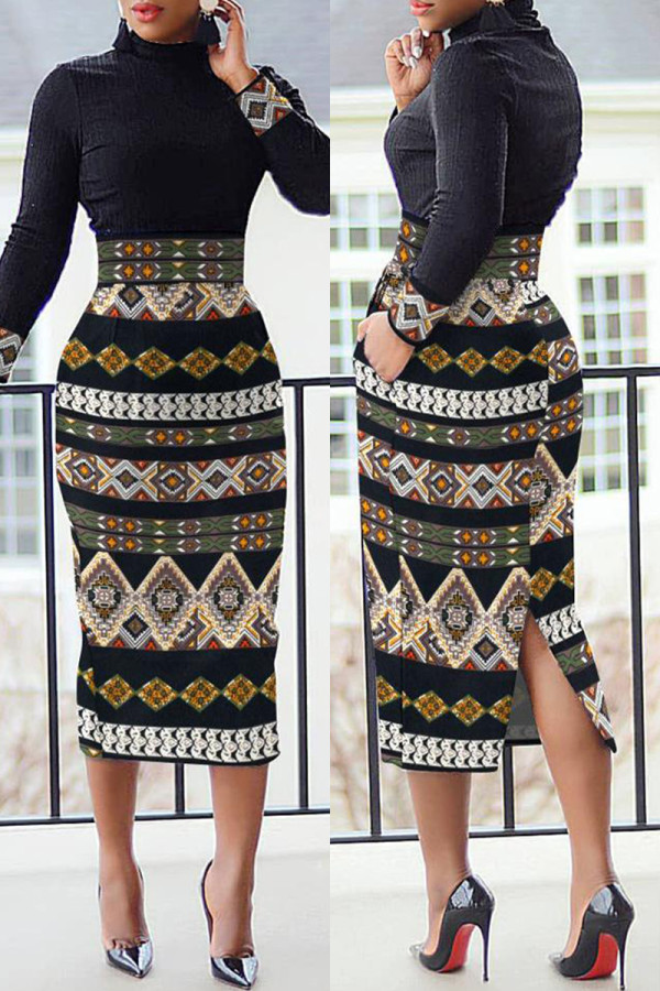 Black Casual Print Patchwork Slit Turtleneck Long Sleeve Dresses