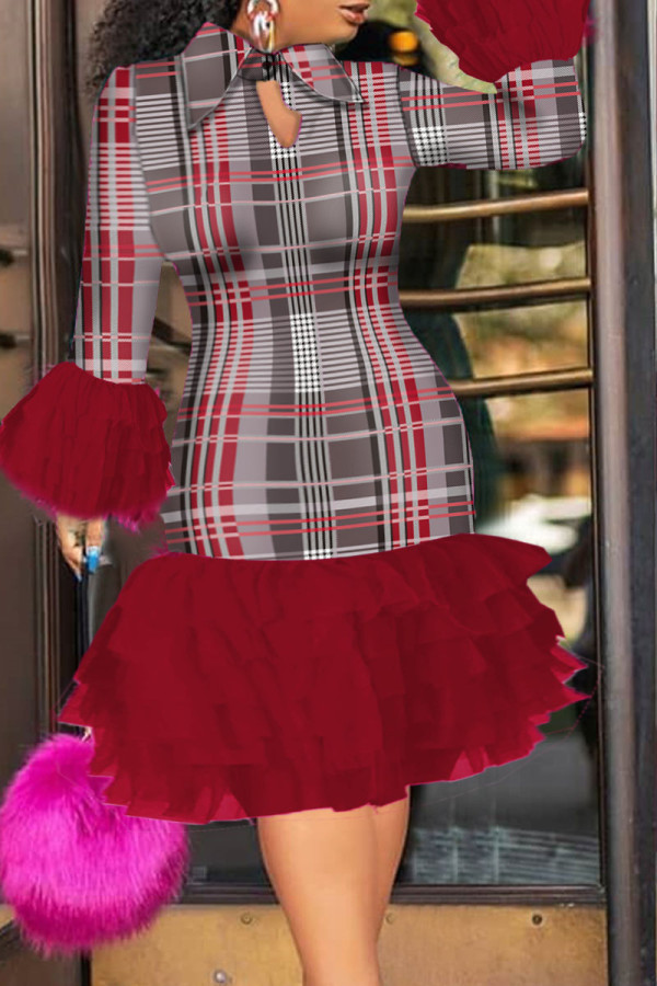 Burgundy Sexy Party Print Mesh Contrast Turndown Collar Pencil Skirt Dresses