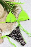 Pink Sexy Print Leopard Bandage Patchwork Backless Swimwears (With Paddings)