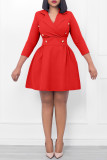 Red Casual Solid Patchwork Turndown Collar A Line Dresses