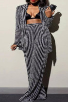 Black Casual Striped Patchwork Turn-back Collar Long Sleeve Two Pieces