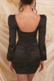 Black Sexy Casual Solid Fold Mandarin Collar Long Sleeve Dresses