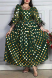 Green Casual Bronzing Polka Dot Patchwork Fold O Neck A Line Dresses