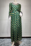 Green Casual Bronzing Polka Dot Patchwork Fold O Neck A Line Dresses