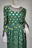 Green Casual Bronzing Polka Dot Patchwork Fold O Neck A Line Dresses