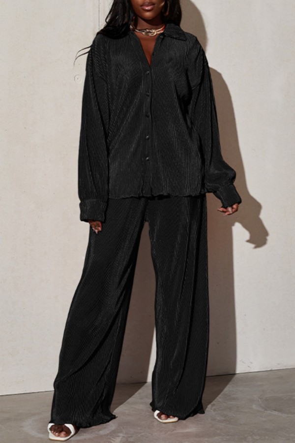 Black Casual Solid Patchwork Turndown Collar Long Sleeve Two Pieces