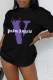Black Casual Print Letter O Neck T-Shirts