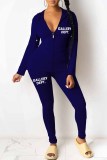 Deep Blue Casual Print Letter Hooded Collar Long Sleeve Two Pieces
