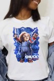 White Casual Figure Print Letter O Neck T-Shirts