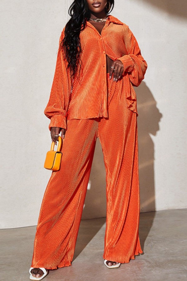 Orange Casual Solid Patchwork Turndown Collar Long Sleeve Two Pieces