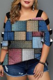 Light Blue Casual Print Hollowed Out Patchwork O Neck T-Shirts