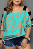 Dark Blue Casual Print Hollowed Out Patchwork O Neck T-Shirts