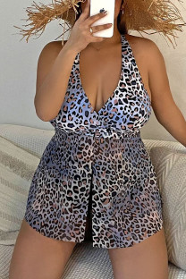 Blue Casual Print Leopard Patchwork Backless Swimwears