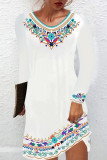 Deep Blue Casual Vintage Print Patchwork O Neck A Line Dresses