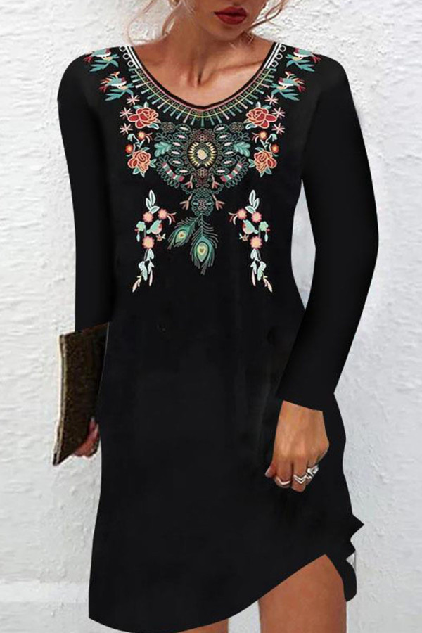 Blue Black Casual Vintage Print Patchwork O Neck A Line Dresses