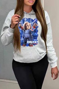 Grey Casual Figure Print Letter Hooded Collar Tops