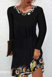 Deep Blue Casual Vintage Print Patchwork O Neck A Line Dresses
