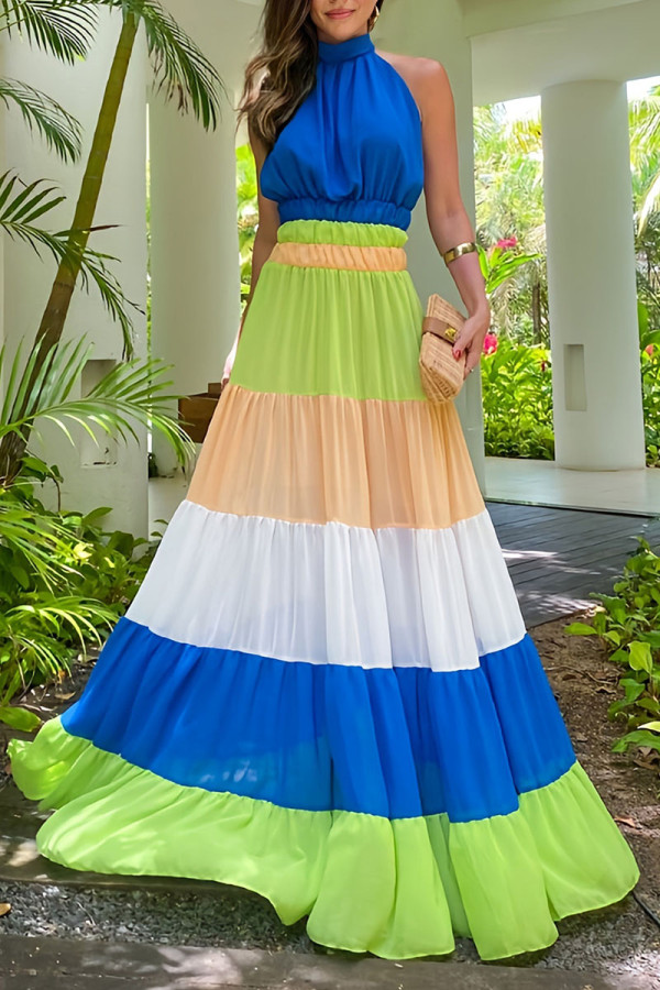 Multicolor Elegant Solid Patchwork Backless Fold Halter Straight Dresses