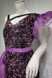 Purple Elegant Solid Sequins Patchwork Slit Asymmetrical Collar Straight Dresses