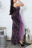 Purple Elegant Solid Sequins Patchwork Slit Asymmetrical Collar Straight Dresses