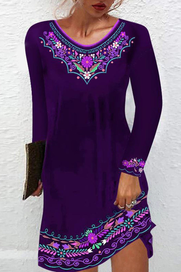 Purple Casual Vintage Print Patchwork O Neck A Line Dresses