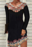 Deep Blue Casual Vintage Print Patchwork O Neck A Line Dresses