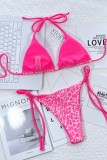 Pink Sexy Print Leopard Bandage Patchwork Backless Swimwears (With Paddings)