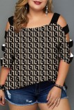 Light Brown Casual Print Hollowed Out O Neck Tops