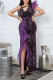 Purple Elegant Solid Sequins Patchwork Slit Asymmetrical Collar Straight Dresses