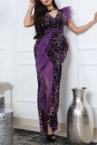 Purple Elegant Solid Sequins Patchwork Slit Asymmetrical Collar Straight Dresses