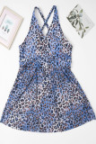 Blue Casual Print Leopard Patchwork Backless Swimwears