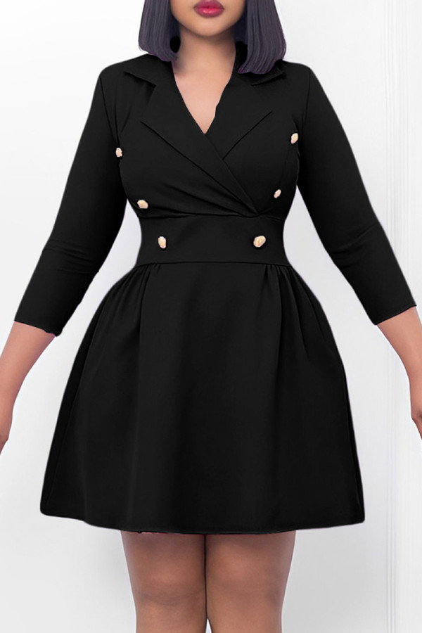 Black Casual Solid Patchwork Turndown Collar A Line Dresses