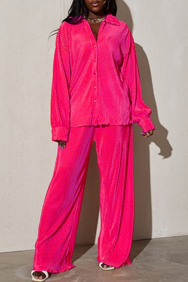Rose Red Casual Solid Patchwork Turndown Collar Long Sleeve Two Pieces