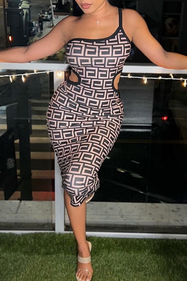 Black Sexy Print Hollowed Out Backless One Shoulder Sling Dress Dresses